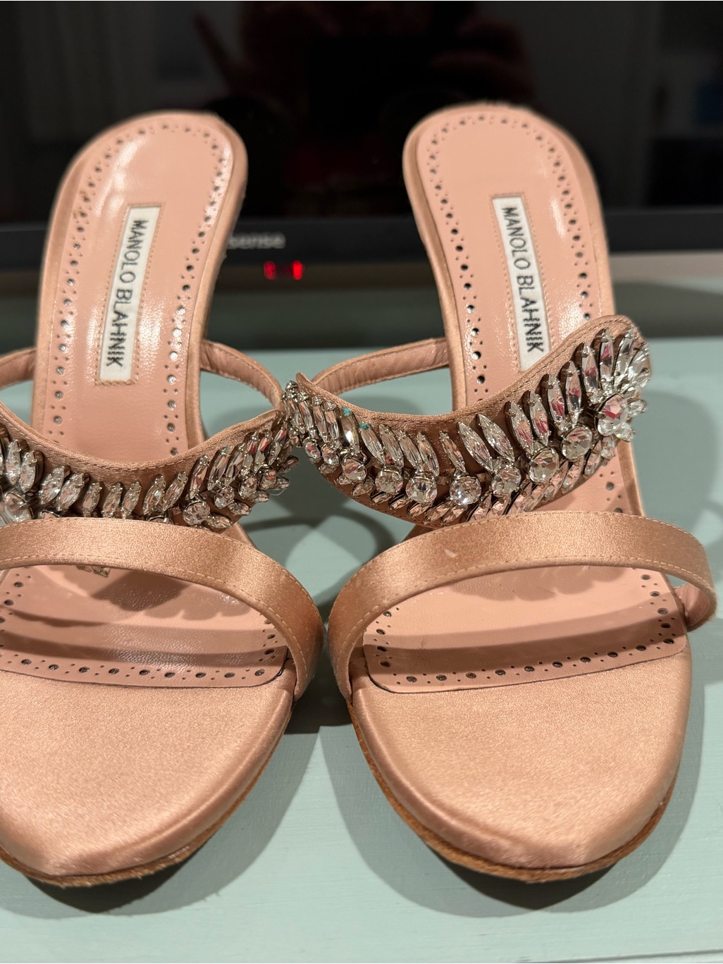 Manolo Blahnik Blush Pink Crystal-Embellished Satin Slide Heels
